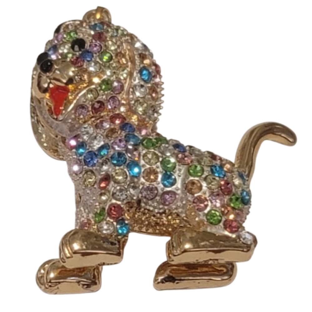 Jeweled Dog Brooch Gold Tone Multicolor Rhinestone Puppy Vintage Inspired
